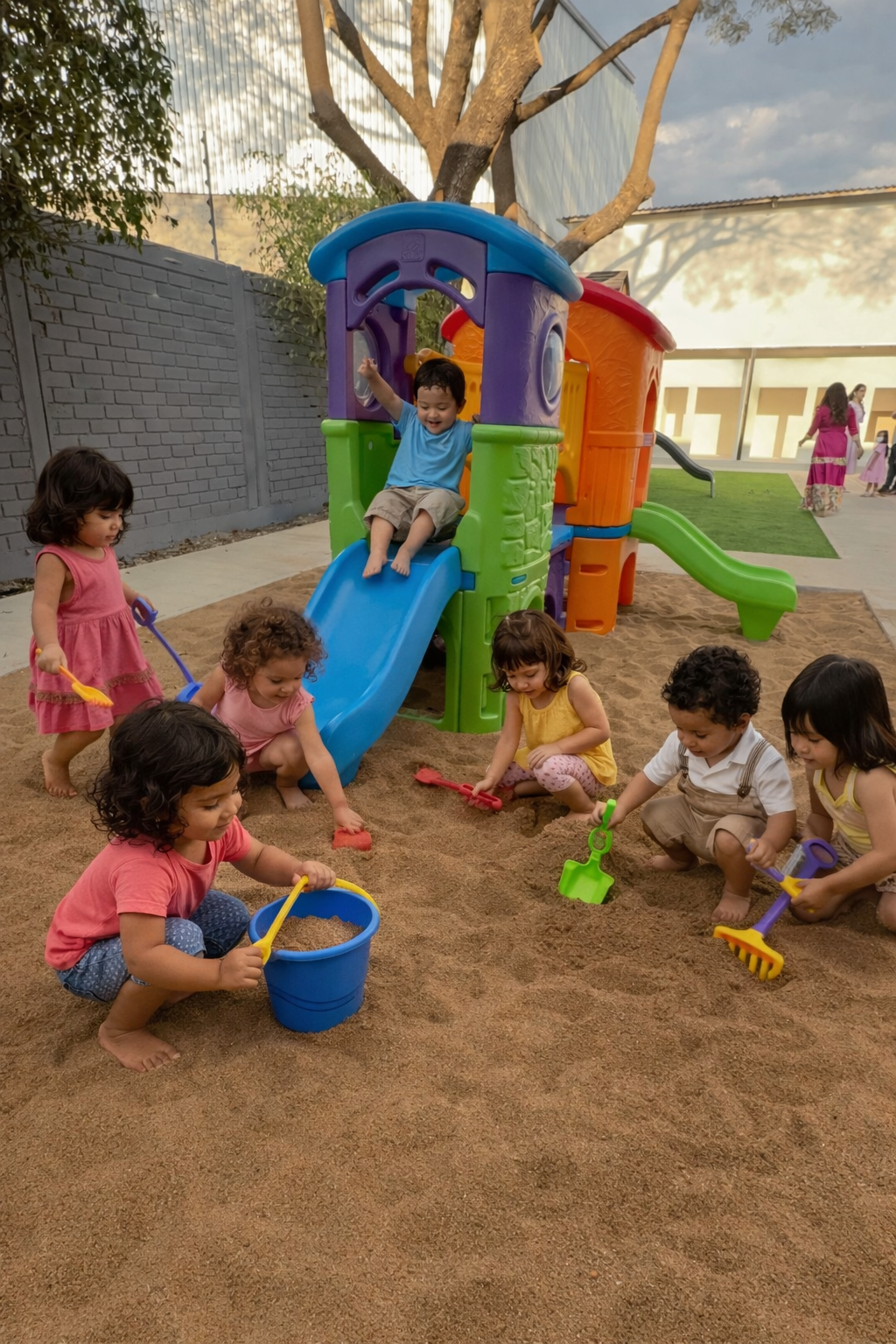 Niños jugando en el arenero con resbaladilla y casita de juegos; área para peques en Diversitopia.