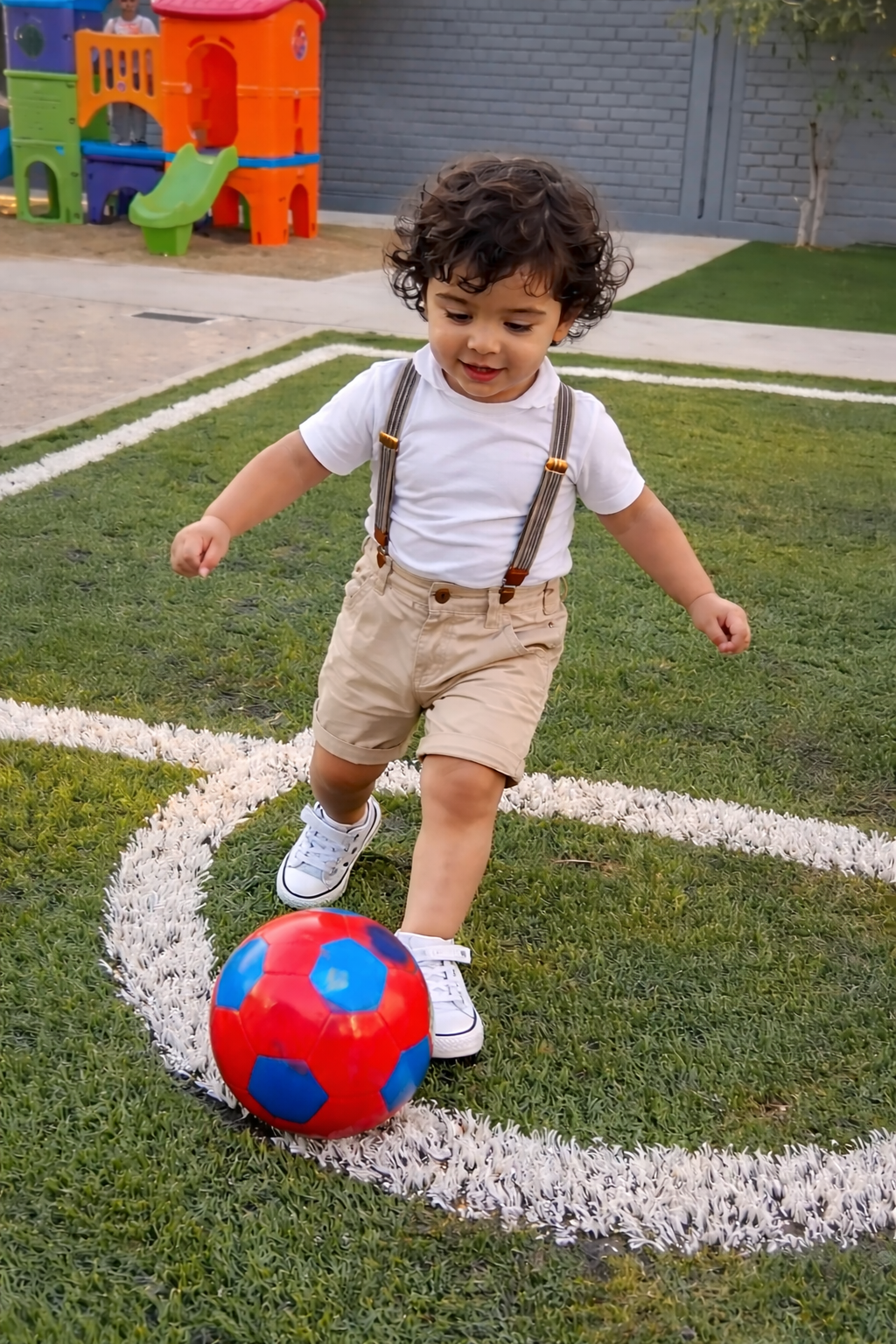 Niño jugando fútbol con pelota en la cancha de pasto sintético de Diversitopia.