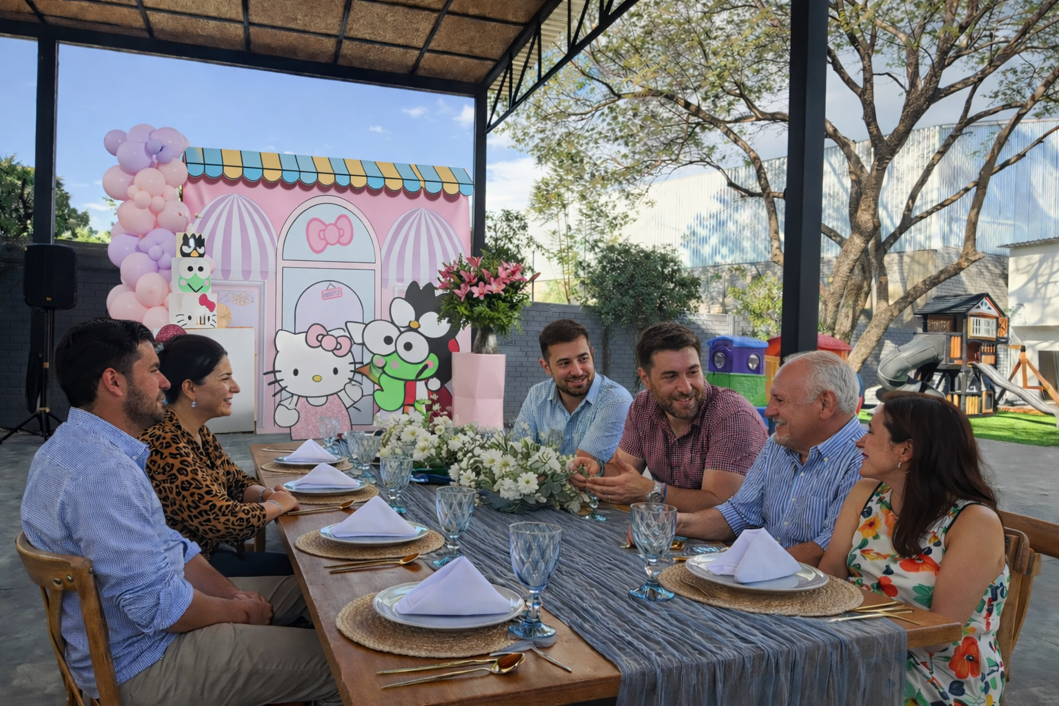 Mesa de convivencia con adultos y decoración temática (Hello Kitty) en el área techada de Diversitopia.